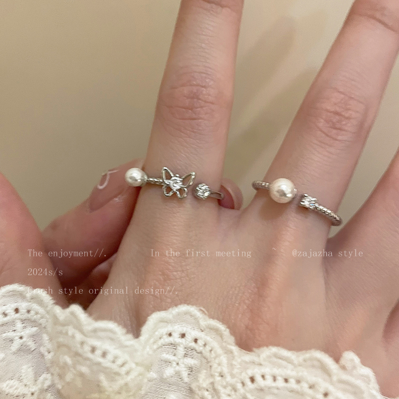 蝴蝶珍珠锆石戒指叠戴女款轻奢高级感食指戒小众设计精致开口指环