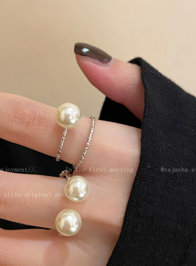 银色珍珠开口戒指女款2025新款