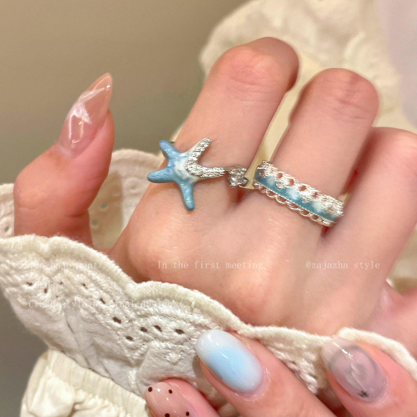 蓝色海星开口戒指女款
