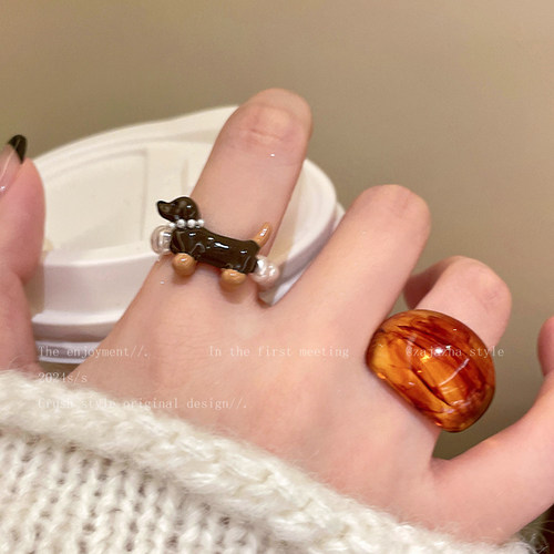 可爱卡通腊肠狗珍珠叠戴戒指