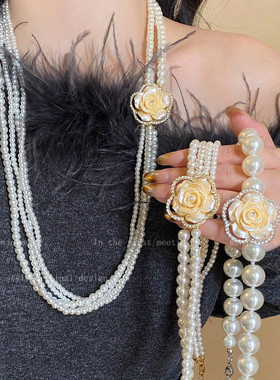 法式山茶花多层珍珠项链女