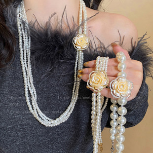 世家千金~法式山茶花多层珍珠项链女小众轻奢叠戴毛衣链长款配饰