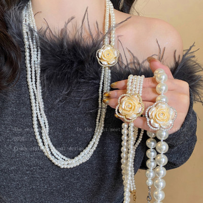 法式山茶花多层珍珠项链女