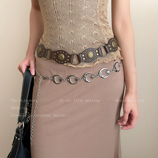 饰高级感腰间配饰 美拉德裙子毛衣腰带穿搭装 美式 复古棕色腰链女款