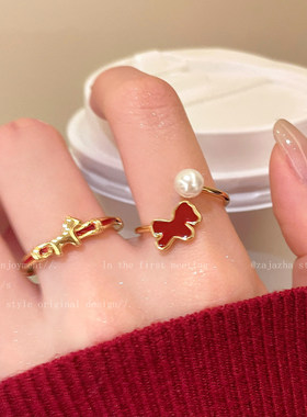 红色小马珍珠开口戒指女