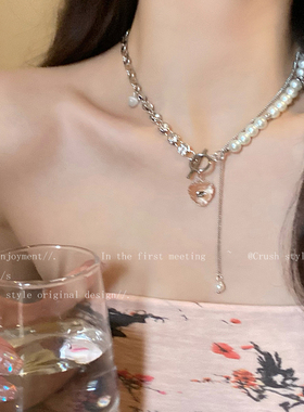 珍珠爱心拼接项链女款高级感颈链配饰品轻奢小众设计感装饰锁骨链