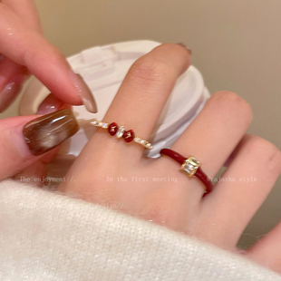 安可拉红蝴蝶结开口戒指女显白小众高级感食指戒简约气质个性指环