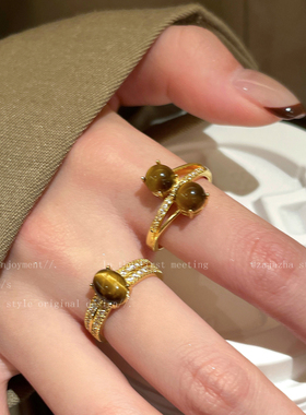 金色超闪虎眼石戒指女秋冬