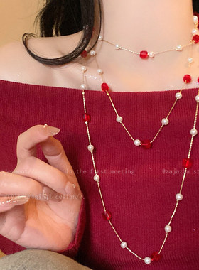 本命年红色珍珠毛衣链女
