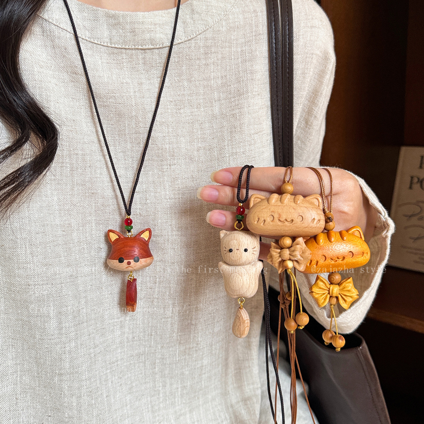 可爱木质法棍猫咪项链女秋冬