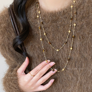 琥珀流光！双层叠戴虎眼石项链女秋冬长款轻奢高级小众毛衣链配饰