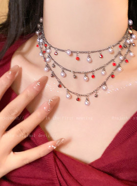 红色多层锆石珍珠项链女轻奢