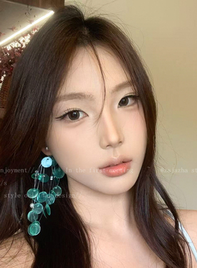 碎影流光~蓝色贝壳流苏耳钉女