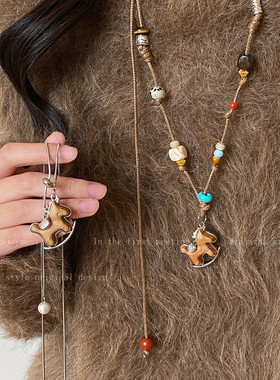 秋冬木质小马编织绳项链女小众设计复古本命年好运配饰长款毛衣链