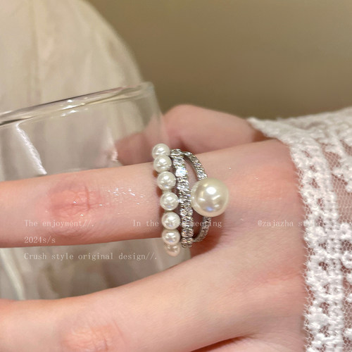 双层珍珠锆石夸张叠戴戒指