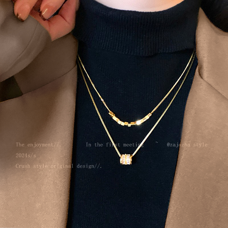 金色双层叠戴毛衣项链