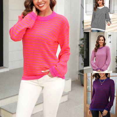 Cardigan Knit Womens Sleeve Long Color Contrast Striped