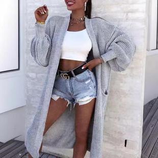 pocket mid length female Womens knitted color sweater solid