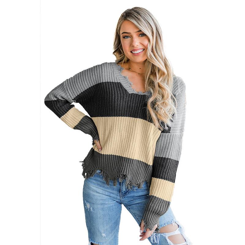Stitching Sweater Womens Striped Color Knit V-Neck Tattered