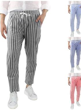 Trousers Cotton Loose Thin Trousers and Linen Striped Mens