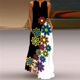 Womens Neck Long Dress Sleeveless Flower