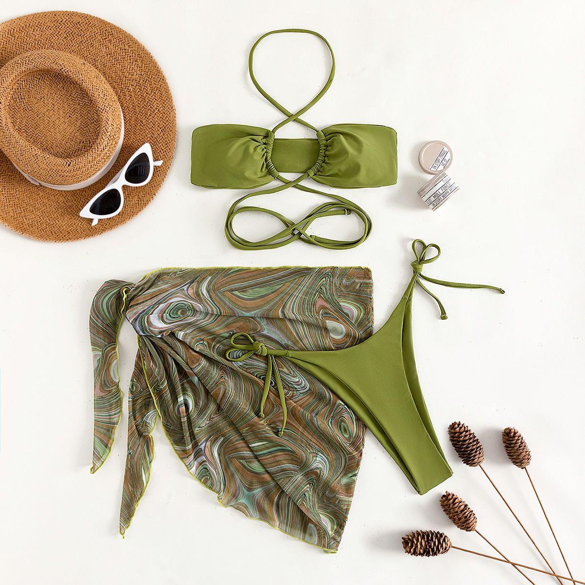 swimsuit two-piece bikini sexy slim color solid three-piece