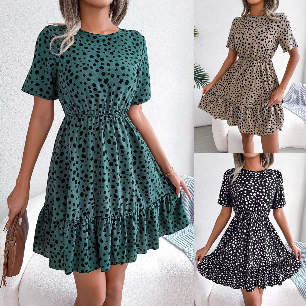 Womens casual polka dot waist ruffled wide swing dress