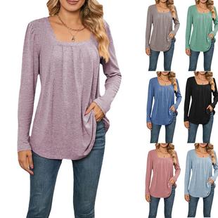 Square Neck Color Shirt Solid Pleated