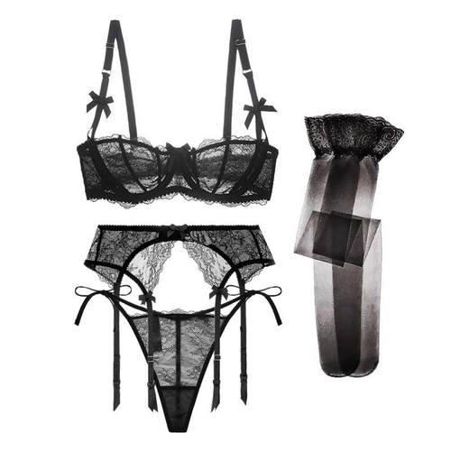 Lace half cup bra transparent see-through underwear thong