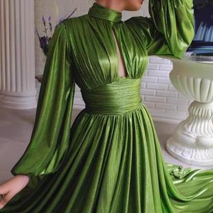 sexy swing waist green color halter avocado neck dress long