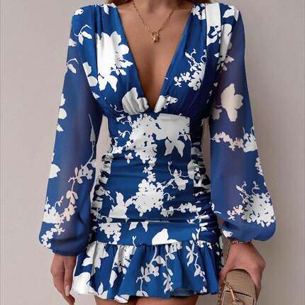 Mid-waist temperament pullover commuting blue V-neck dress