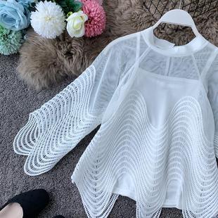 trumpet short wavy lace Womens sleeve shirt top loose
