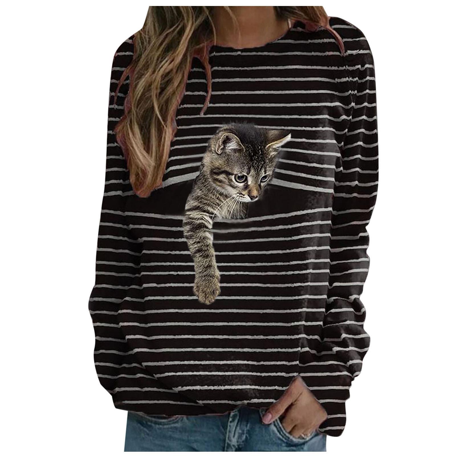Women's Cat Casual Long Sleeve T-Shirt Women's Striped Top