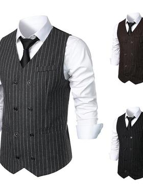 Mens Suit Vest Double Breasted Striped Retro Casual Jacket