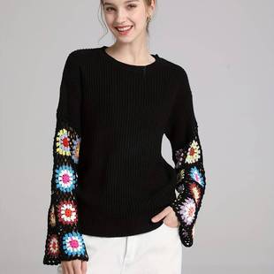 femme pull women sweaters knit flower crochet hand black