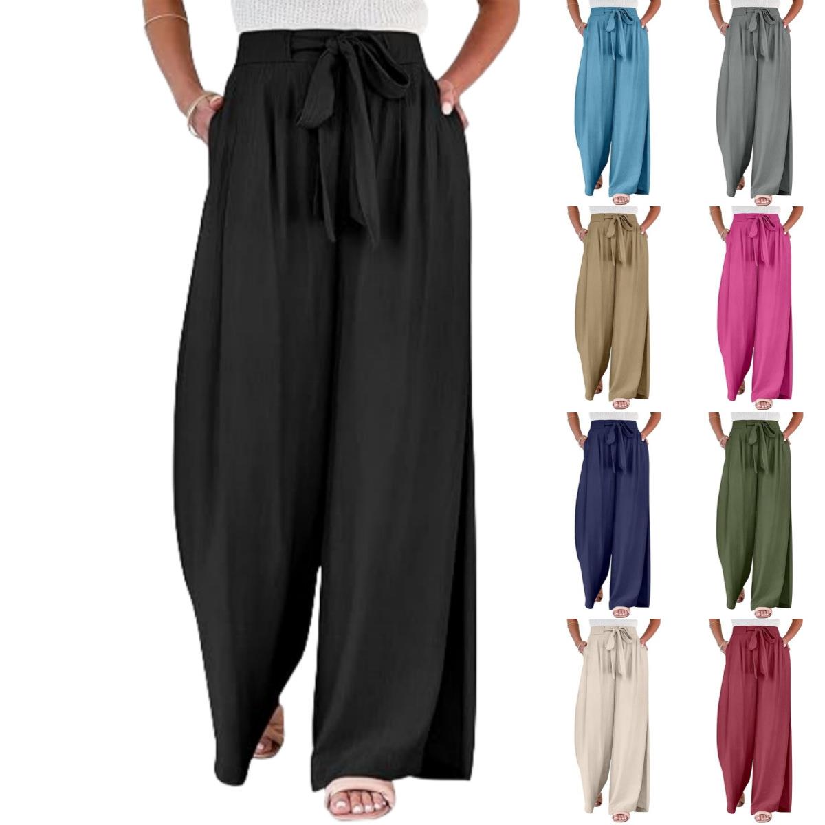 Pockets Casual Adjustable Womens Pants Trousers Flowy High