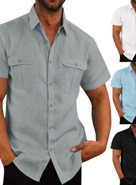 Mens shirt double pocket cotton linen short sleeve shirt