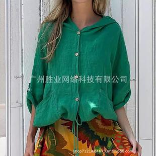 Shirt Drawstring Hooded Pockets and with Linen Cotton Patch