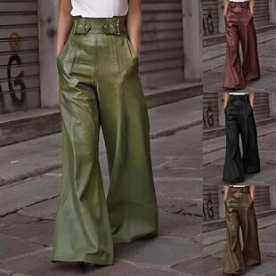 waist flared leather loose pocket casual trousers pants