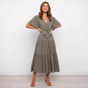 color short big sleeved waist dress long tie neck