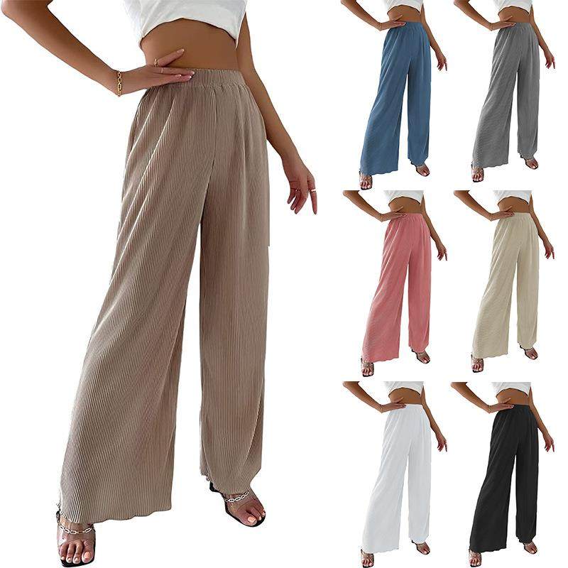 Casual Color Pants Drape Solid Pleated Wide Womens Leg