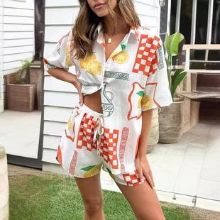 sleeved shirt suit Digital and short cotton linen womens