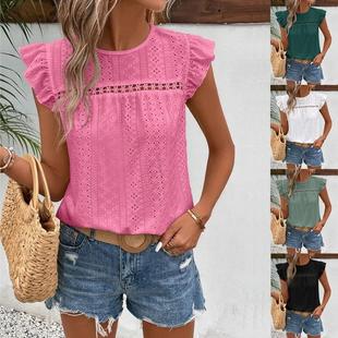 round solid sleeve short leaf top lace color lotus neck