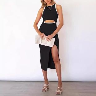 wrapped Slim Navel Wool Exposed Slit Hip Round Dress Neck