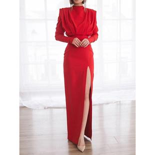 elegant red evening dress simple long round neck slit prom