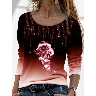 shirt pullover sleeved loose round Long rose casual neck