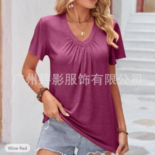 top ruffle solid color pleated Womens sleeve neck loose