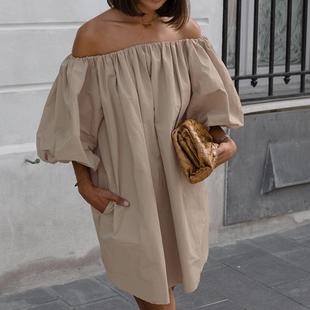 Fashion Sexy Puff Skirt Sleeve Off-shoulder Khaki Dress