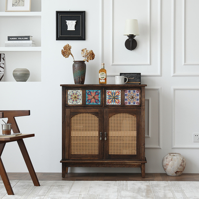 新中式实木餐边柜藤编彩绘储物柜