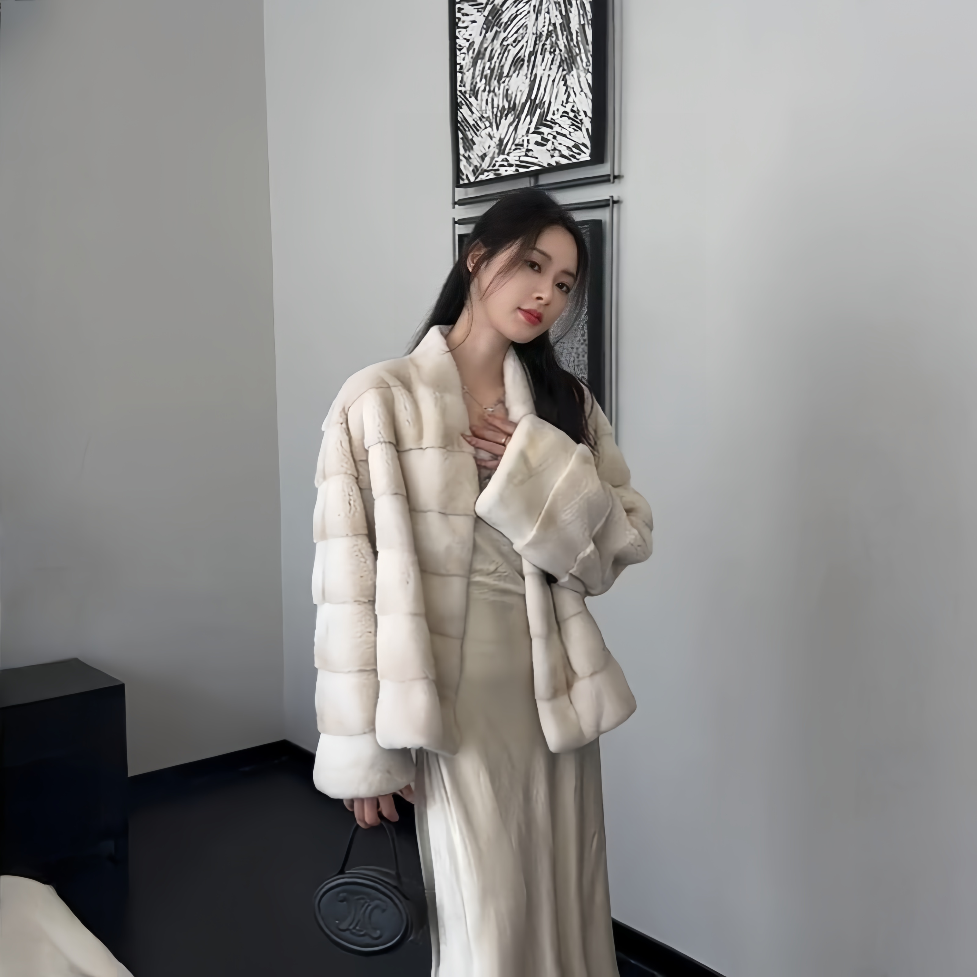 貂皮大衣V领横排复古皮草外套